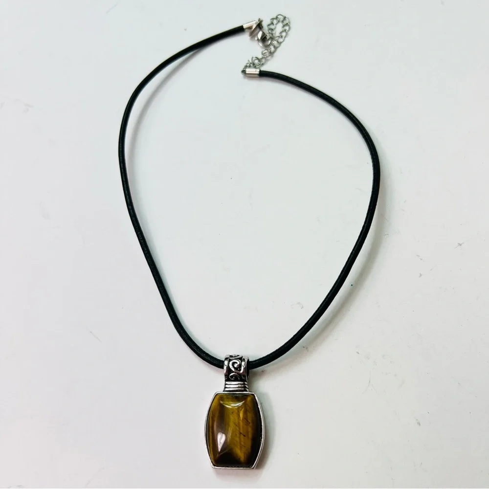 Lia Sophia Tiger Eye Pendant Necklace | Leather Cord Silver Plated | 19”